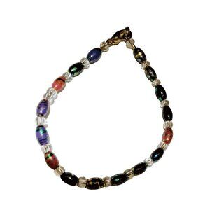 Iris Blue Rainbow Bead Bracelet 7 inch Iridescent